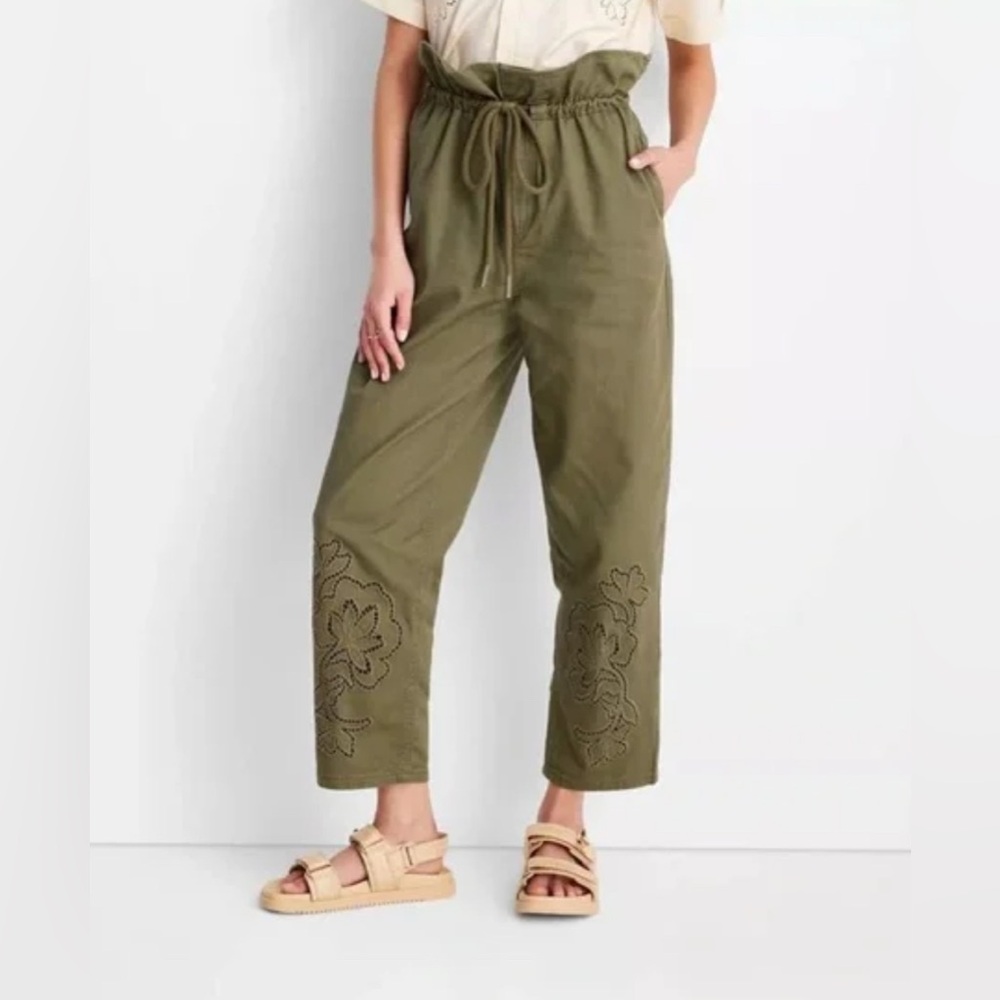 NWT! FUTURE COLLECTIVE Olive Khaki Eyelet Detail Cropped Pants